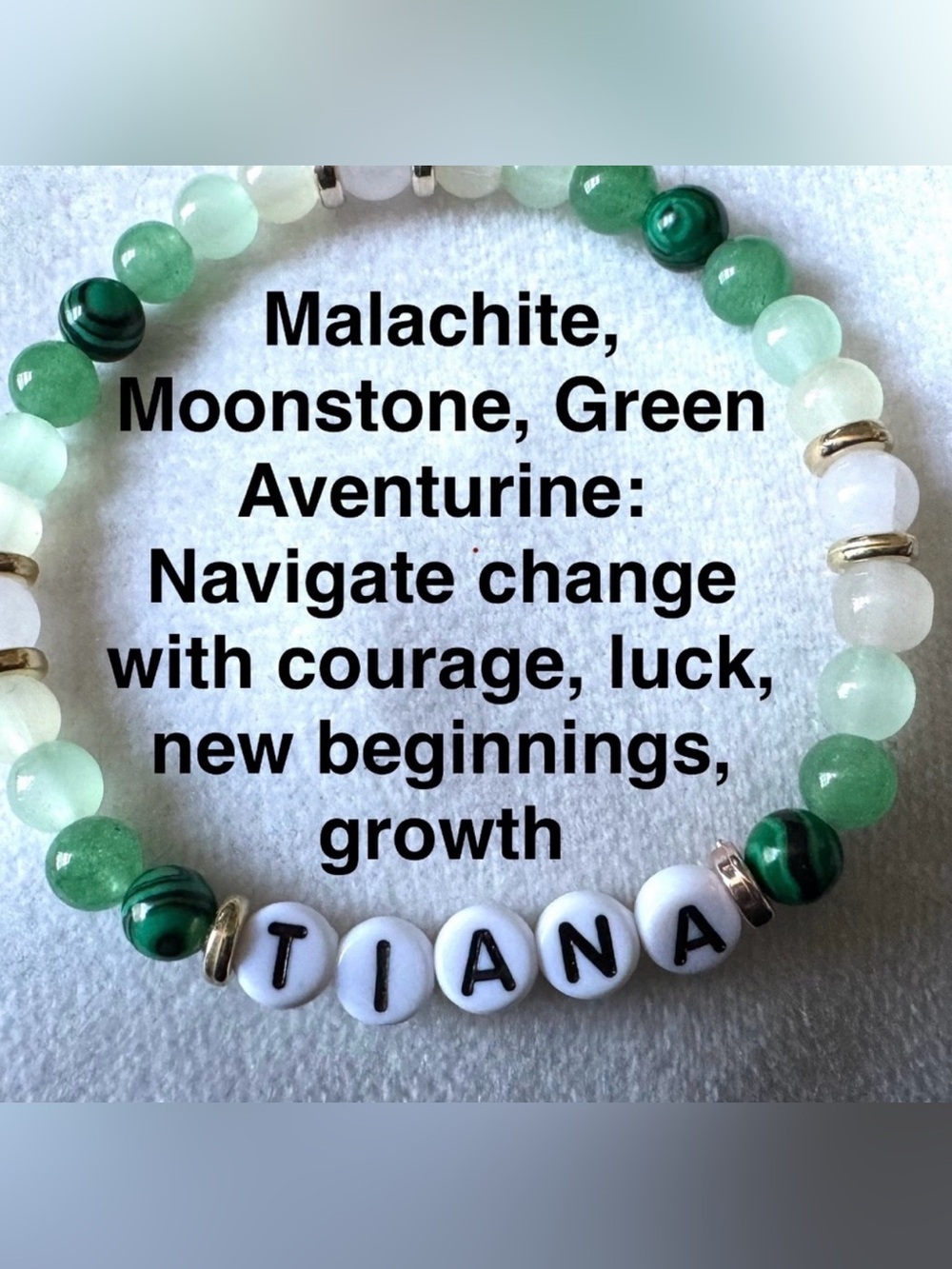 Personalized Green Gemstone Beaded Bracelet with White Letter Beads - Tiana